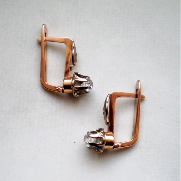 Russian USSR Soviet 14K 585 Rose Pink White Gold 0.50CT CZ Buttercup EAR… - Picture 2 of 8